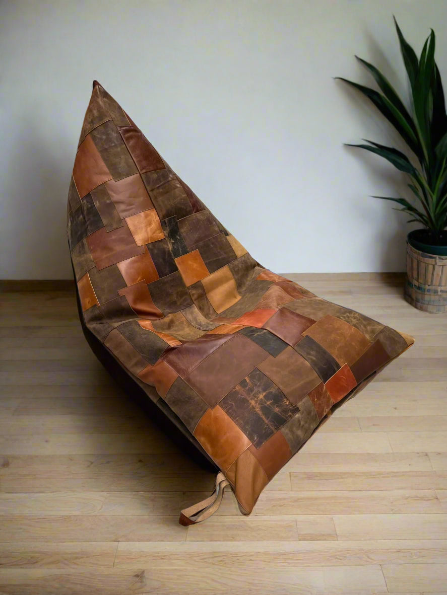 Vintage Leather Patchwork Bean Bag Cover – Upcycled Cowhide Lounger
