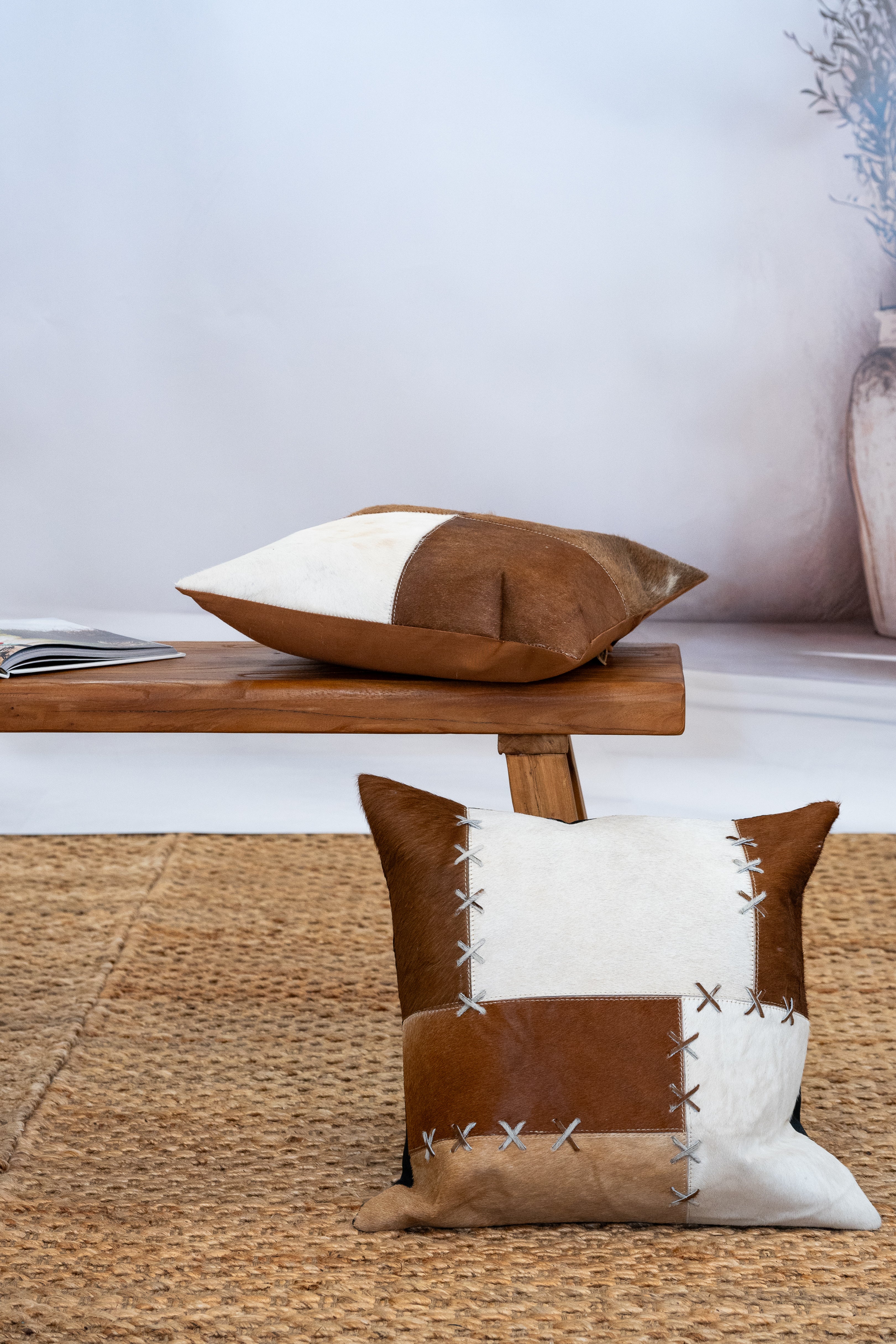 Handmade Patchwork Cowhide Leather Cushion Cover – Rustic Luxe Decor (45x45cm)
