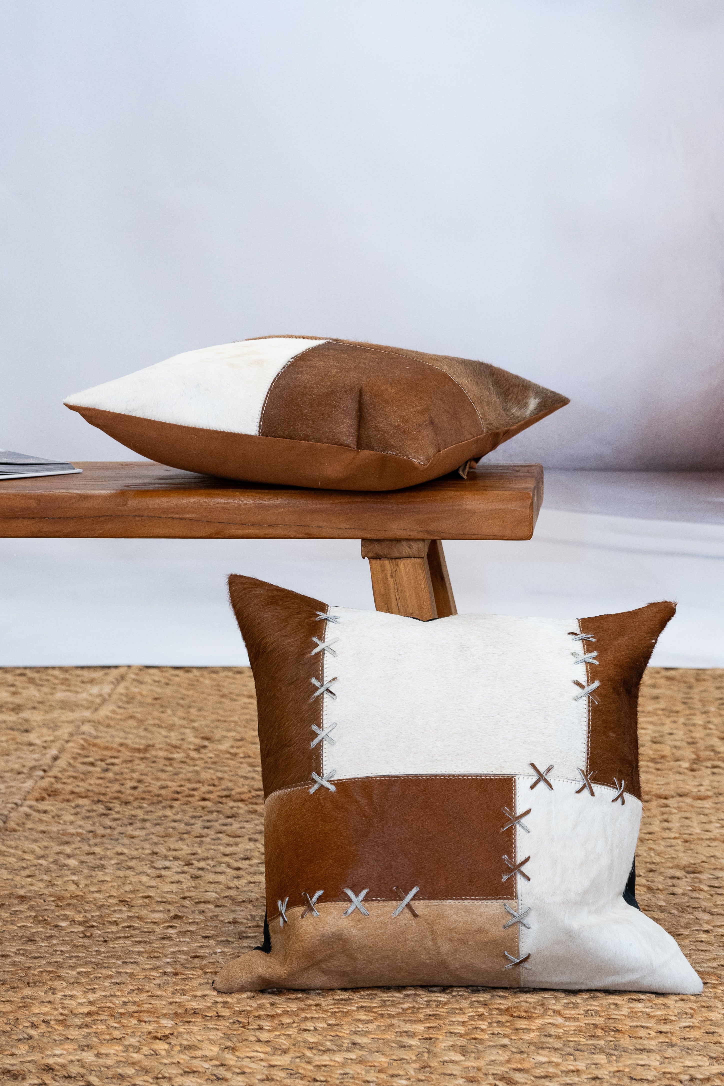 Handmade Patchwork Cowhide Leather Cushion Cover – Rustic Luxe Decor (45x45cm)