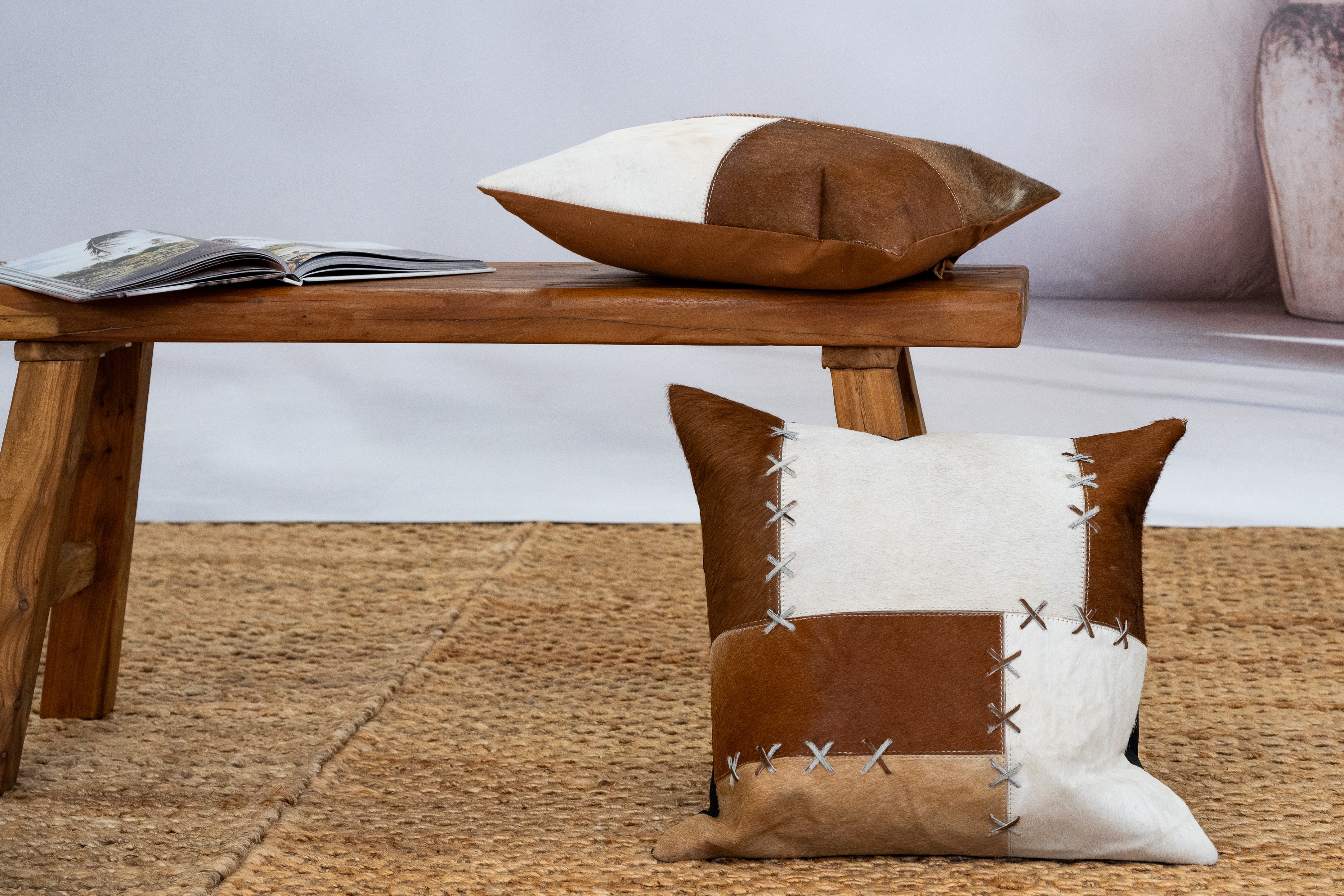 Handmade Patchwork Cowhide Leather Cushion Cover – Rustic Luxe Decor (45x45cm)