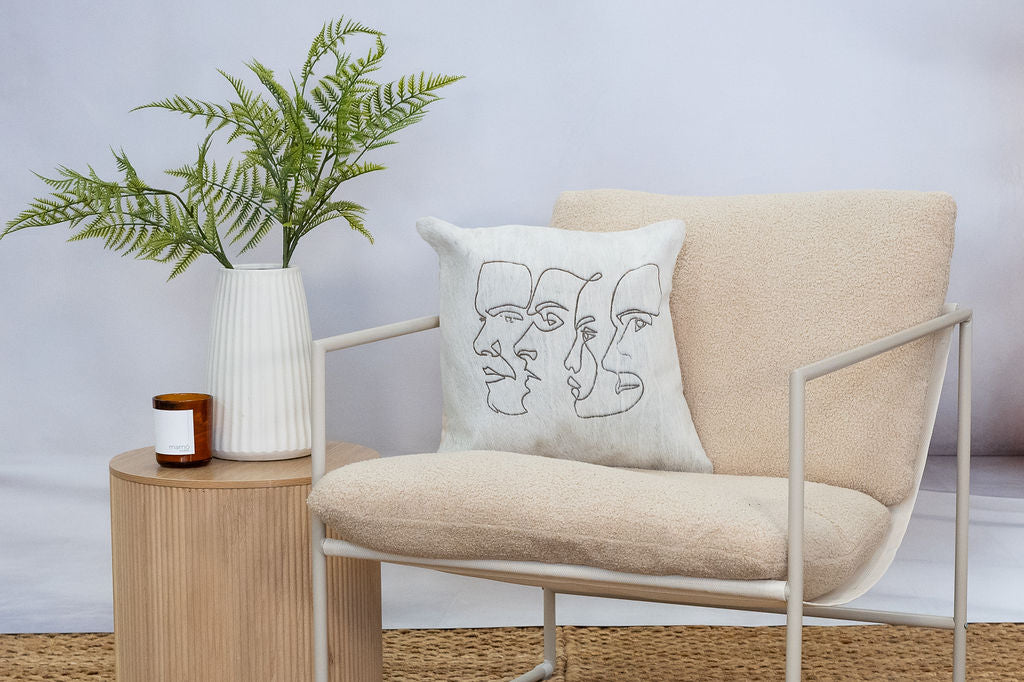 Handmade Cowhide Leather Cushion Cover – Modern Abstract Face Design