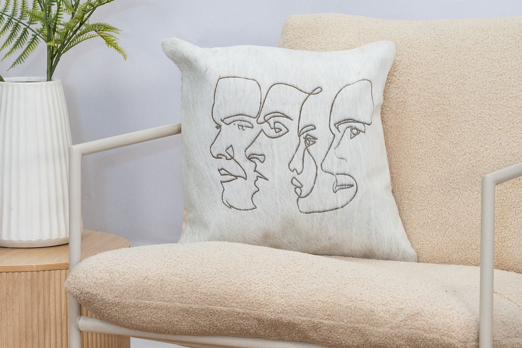 Handmade Cowhide Leather Cushion Cover – Modern Abstract Face Design