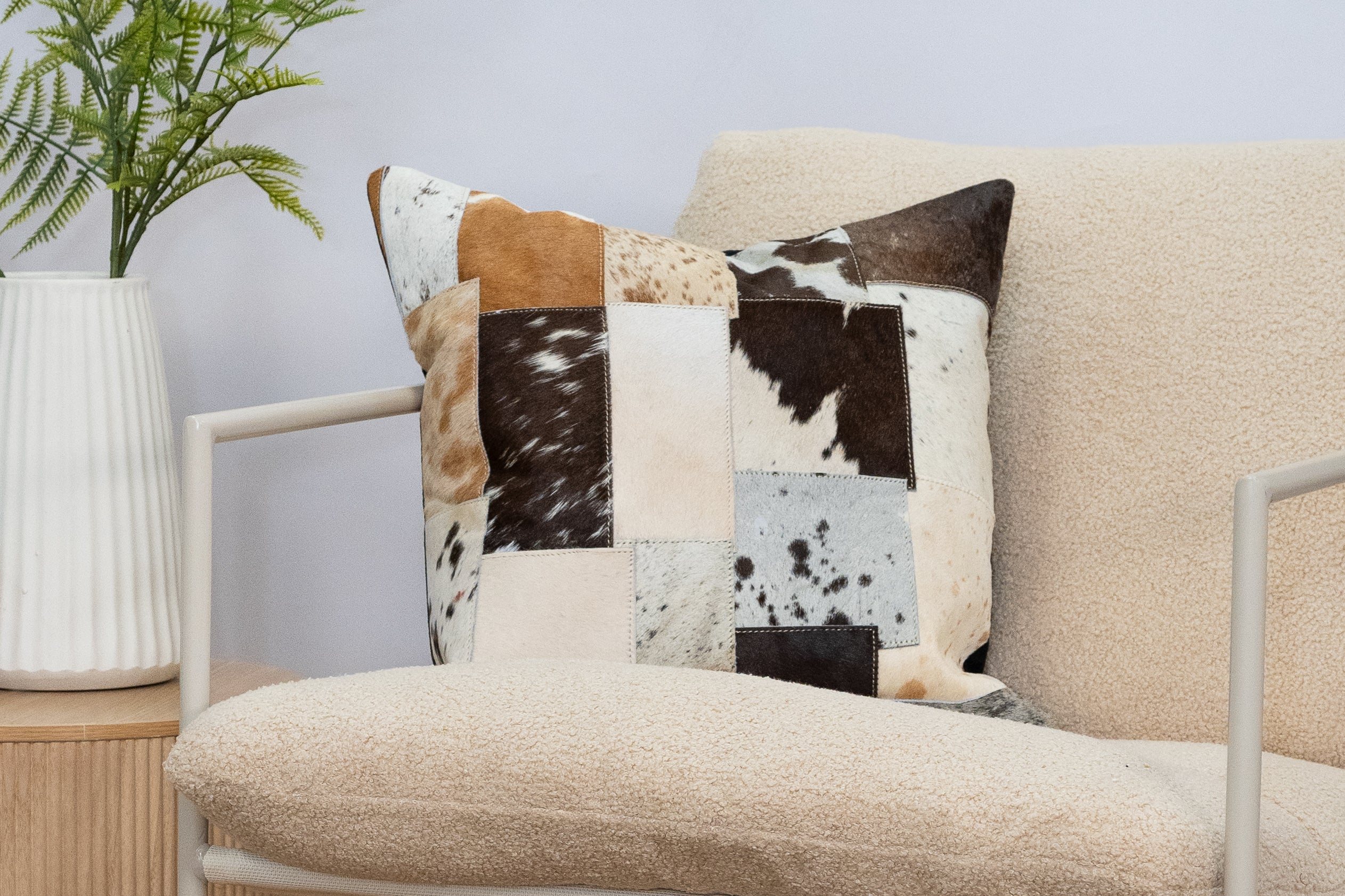 Patchwork Cowhide Leather Cushion Cover – Natural Hide, Handmade 45x45cm