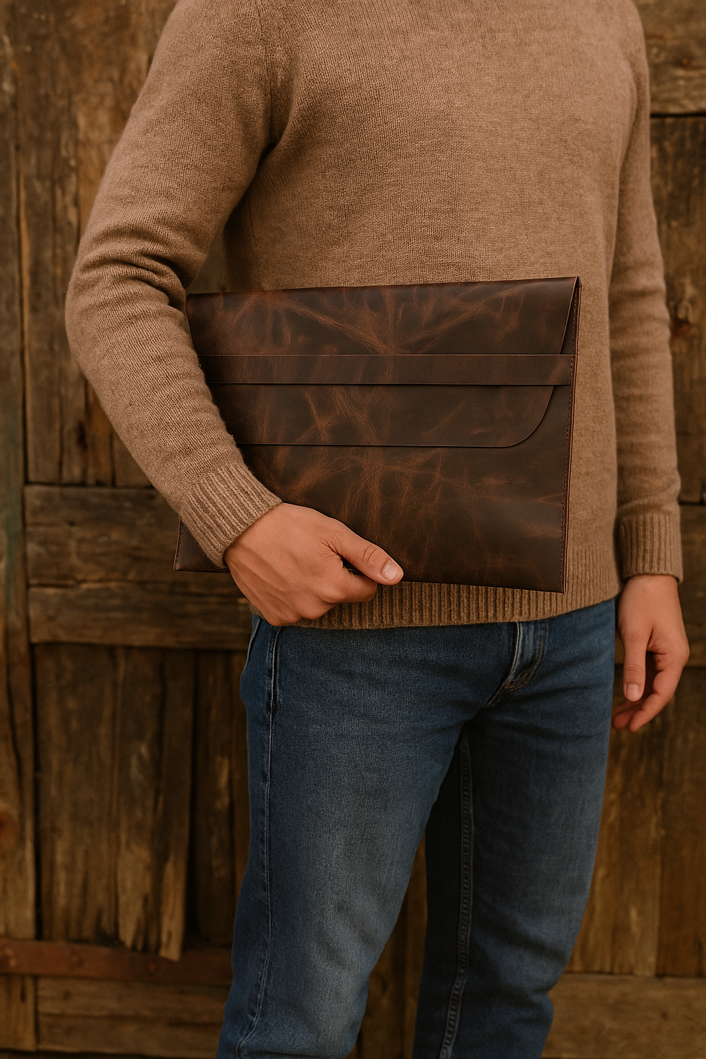 Man holding a rustic brown full-grain leather laptop sleeve – fits laptop, phone, and chargerd