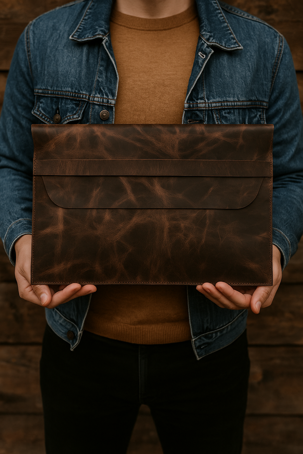 Person holding a brown leather macbook sleeve against a wooden background