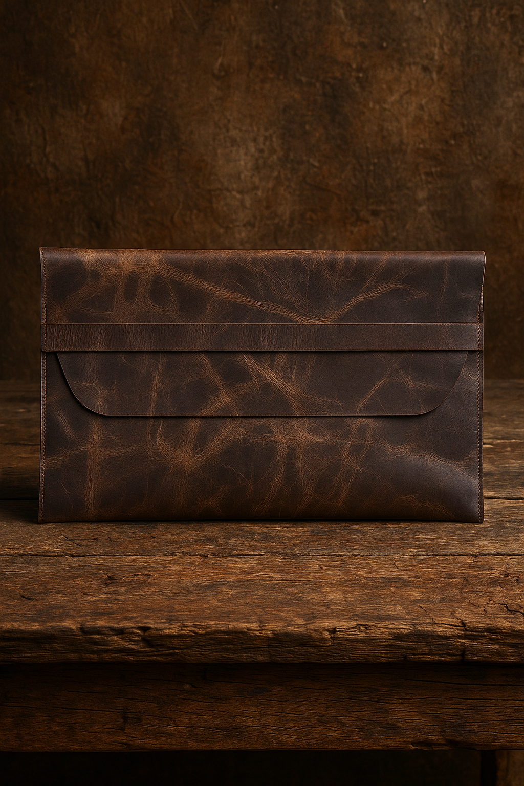 Brown leather envelope on a wooden surface with a dark background