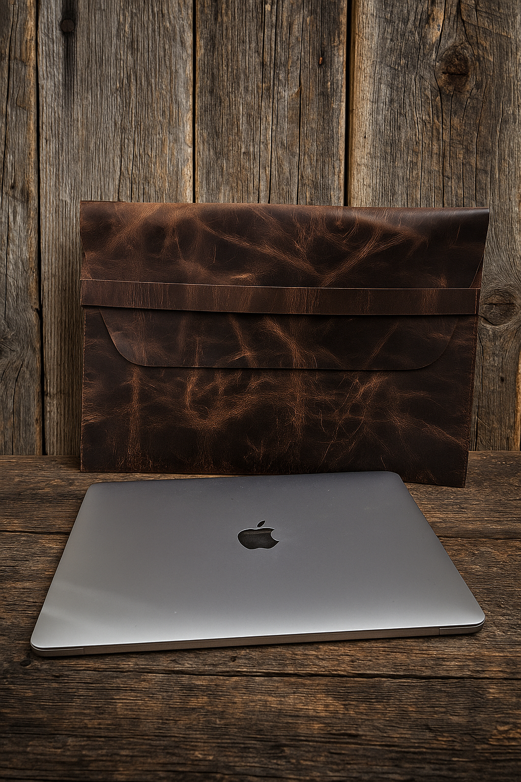 Brown leather laptop sleeve on a wooden surface with an Apple laptop underneath