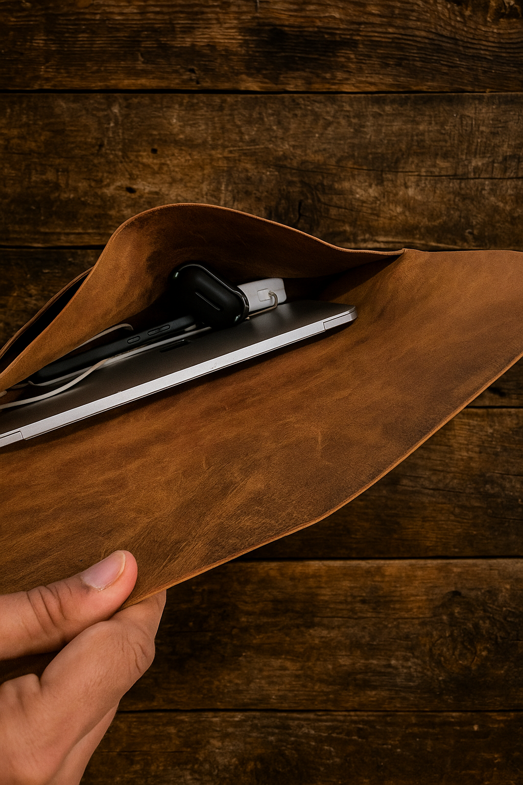 Brown leather sleeve holding a tablet on a wooden surface