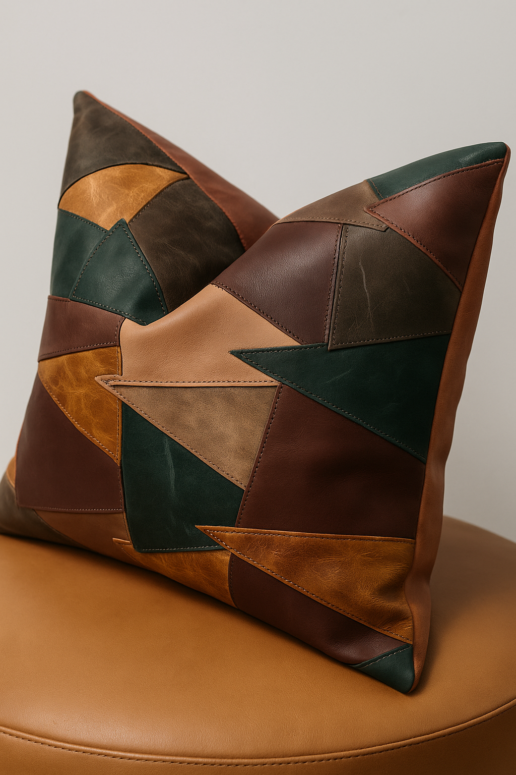 Modern Rustic Leather Patchwork Cushion โ Earth Tones | Decor Accent