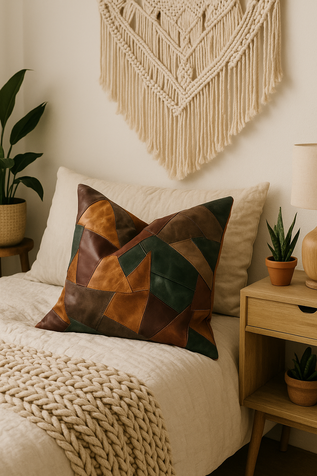 Modern Rustic Leather Patchwork Cushion โ Earth Tones | Decor Accent