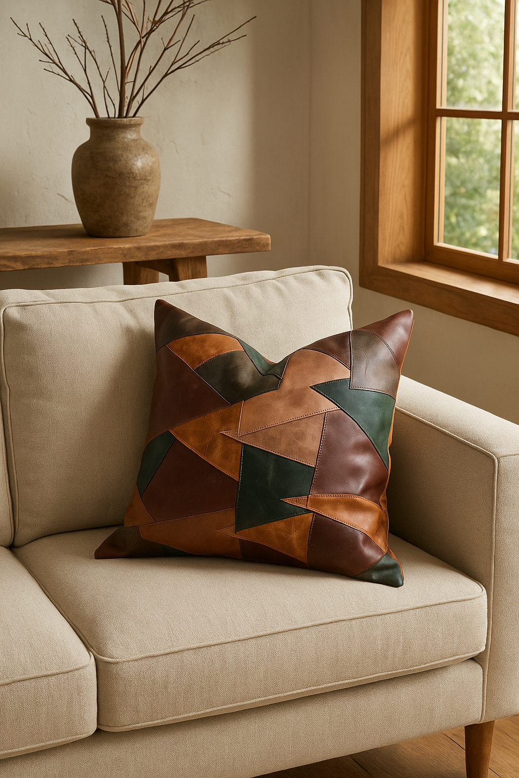 Modern Rustic Leather Patchwork Cushion โ Earth Tones | Decor Accent