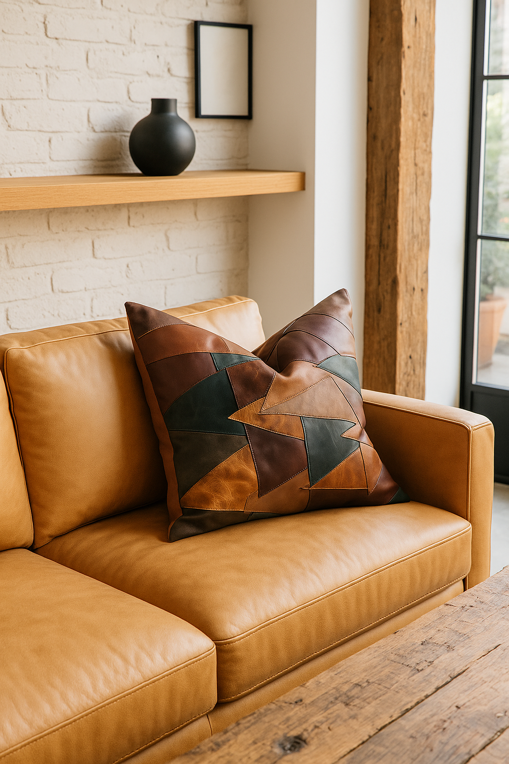Modern Rustic Leather Patchwork Cushion โ Earth Tones | Decor Accent