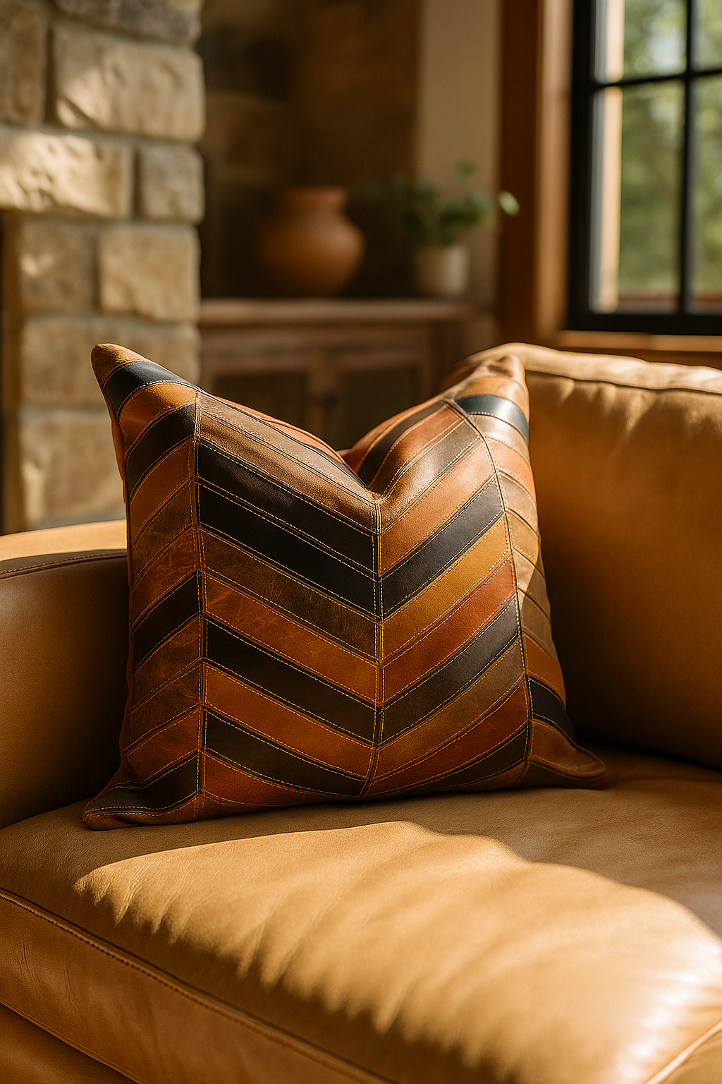 Chevron patch leather cushion on tan sofa with rustic wooden decor, natural light and earthy tones – 45x45cm