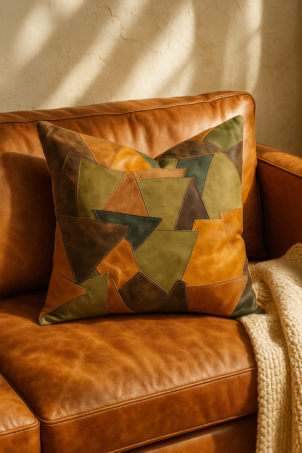 Patchwork Leather Cushion Cover – Rustic Earth Tones | 60x60cms