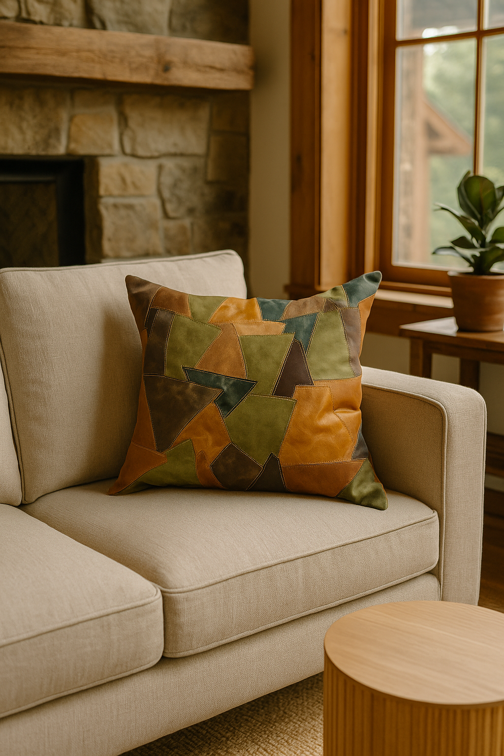 Patchwork Leather Cushion Cover – Rustic Earth Tones | 60x60cms