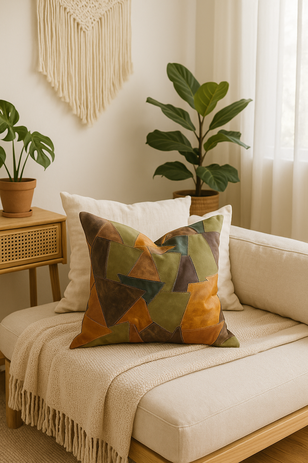 Patchwork Leather Cushion Cover – Rustic Earth Tones | 60x60cms