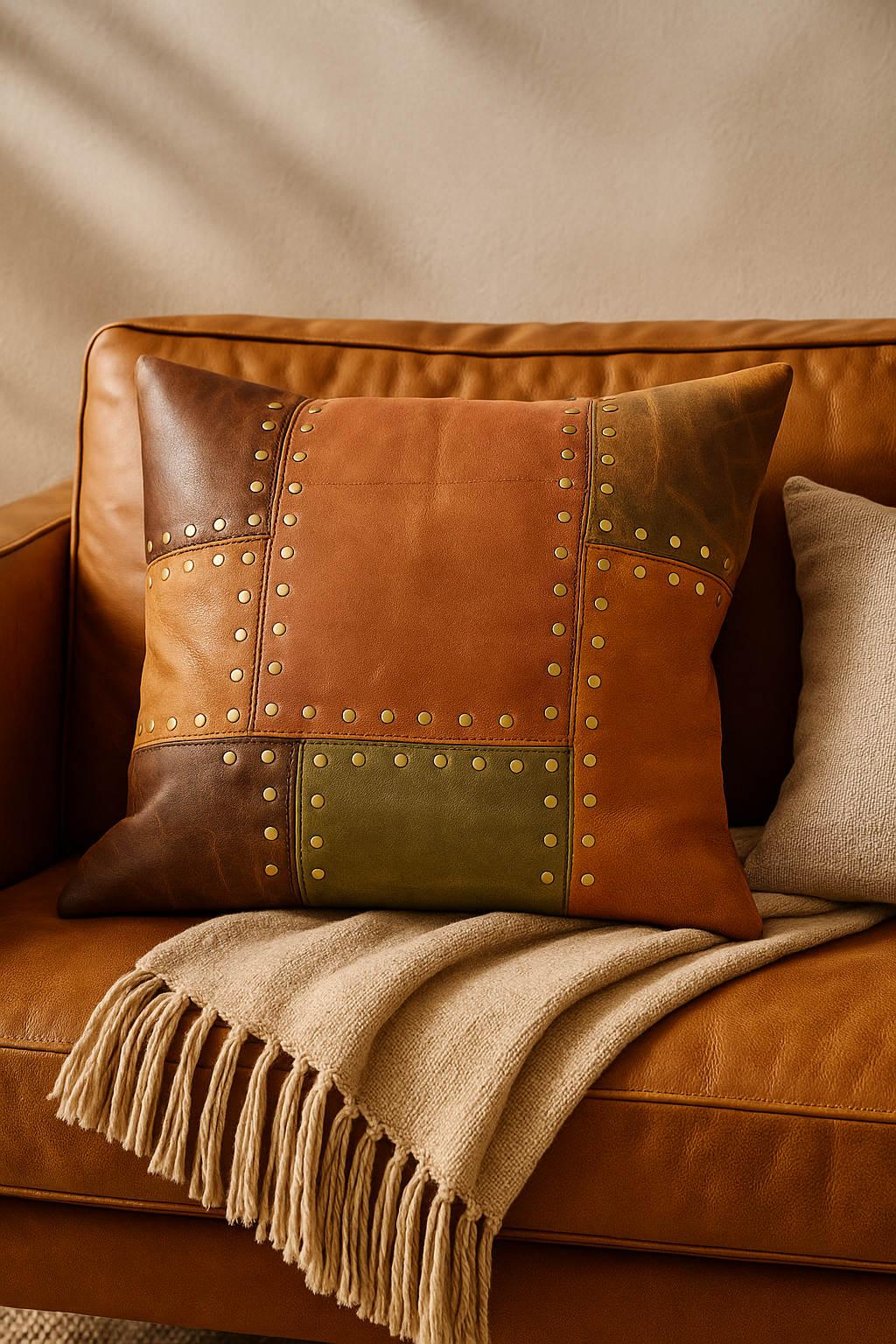 Rustic Studded Leather Cushion Cover – Tan & Olive Patchwork Accent