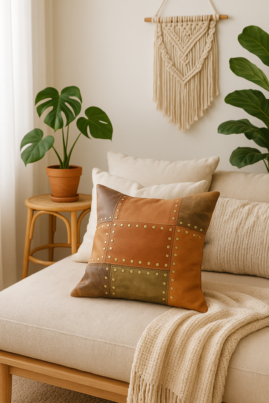 Rustic Studded Leather Cushion Cover – Tan & Olive Patchwork Accent