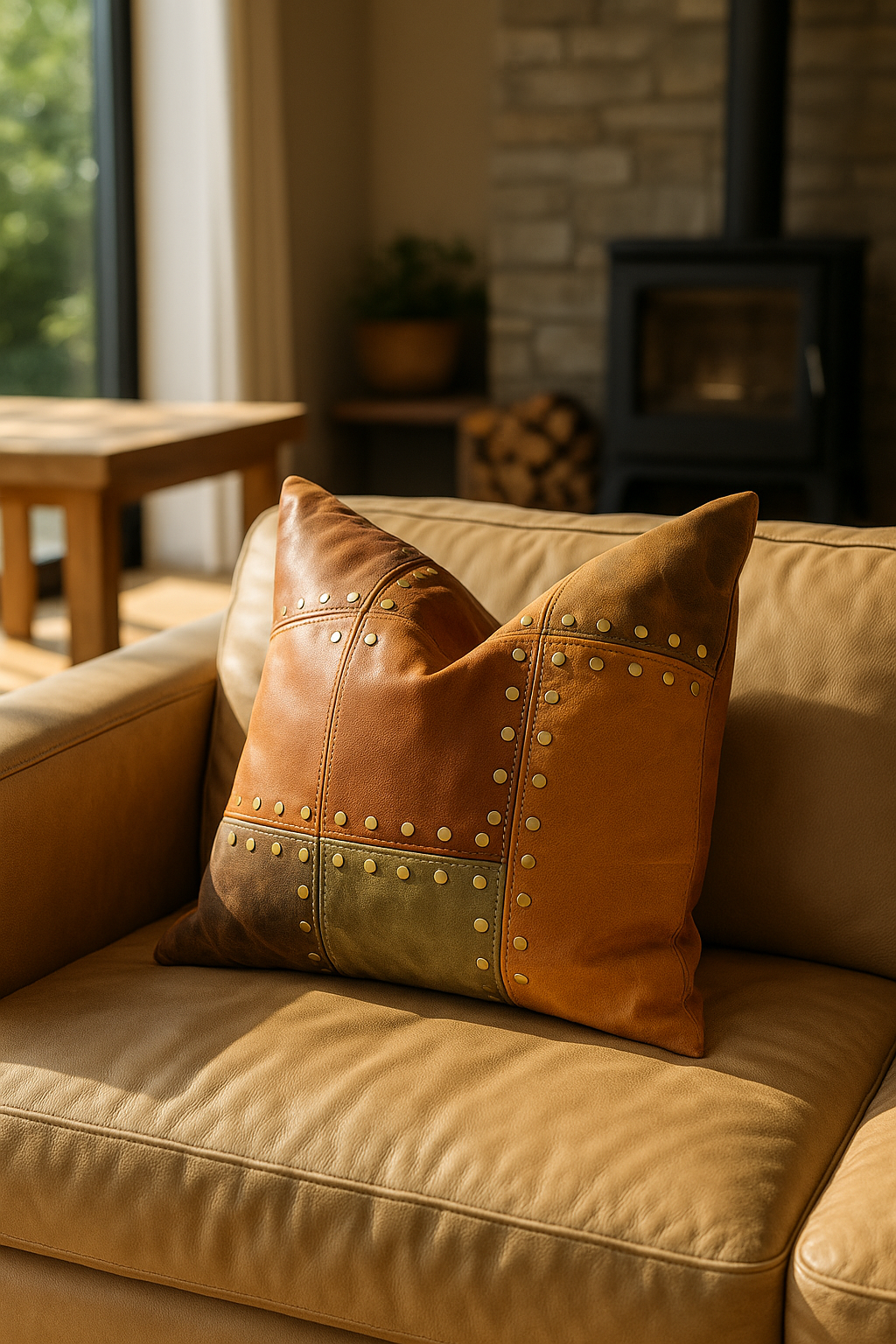 Rustic Studded Leather Cushion Cover – Tan & Olive Patchwork Accent