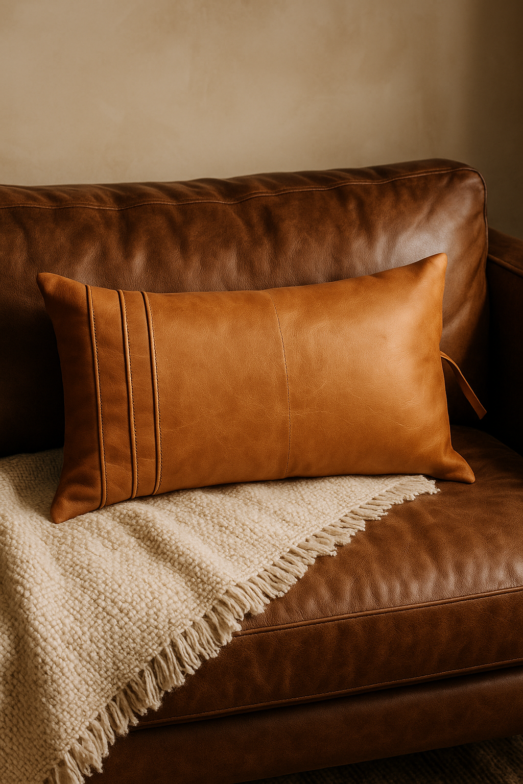 Tan Leather Lumbar Cushion – Artisan Boho Style | Melbourne Leather Co