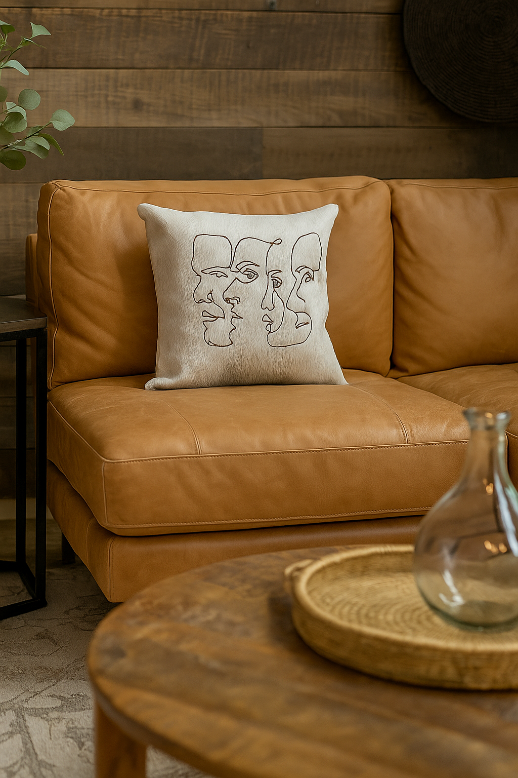 Handmade Cowhide Leather Cushion Cover – Modern Abstract Face Design