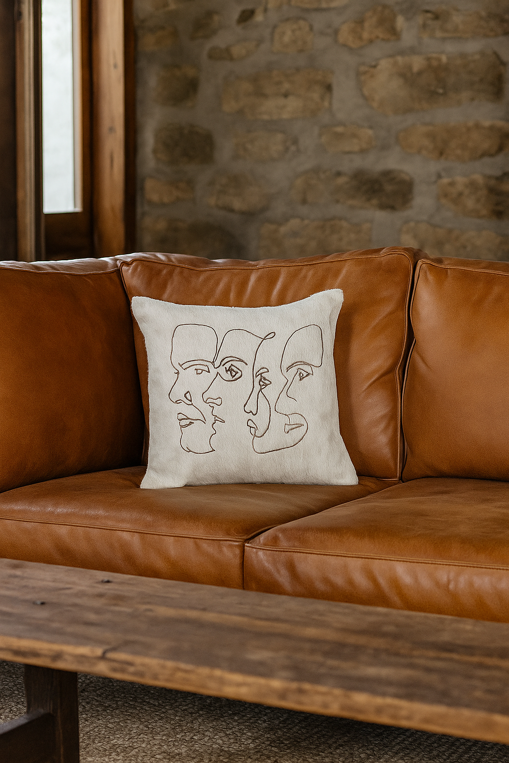 Handmade Cowhide Leather Cushion Cover – Modern Abstract Face Design