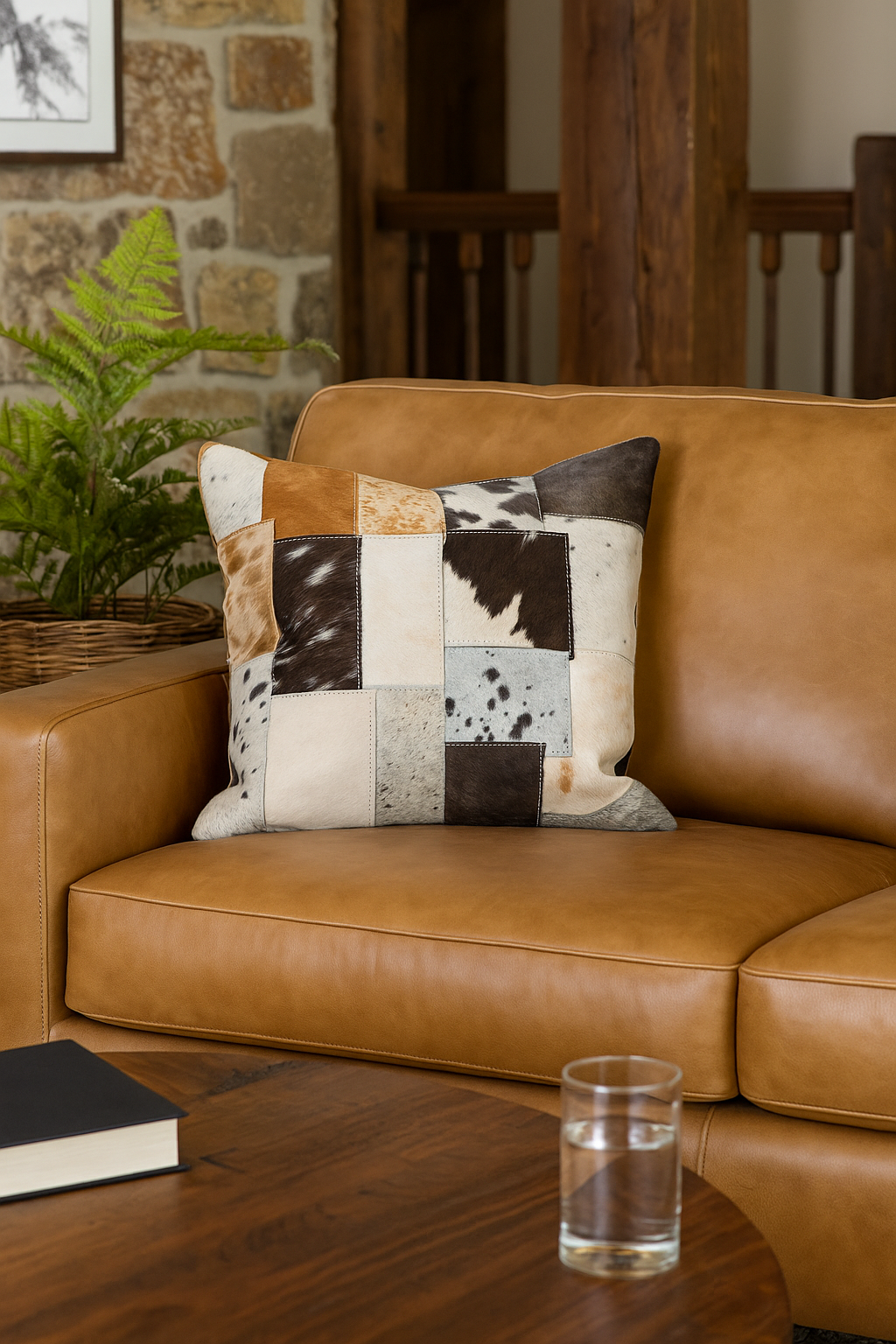 Patchwork Cowhide Leather Cushion Cover – Natural Hide, Handmade 45x45cm