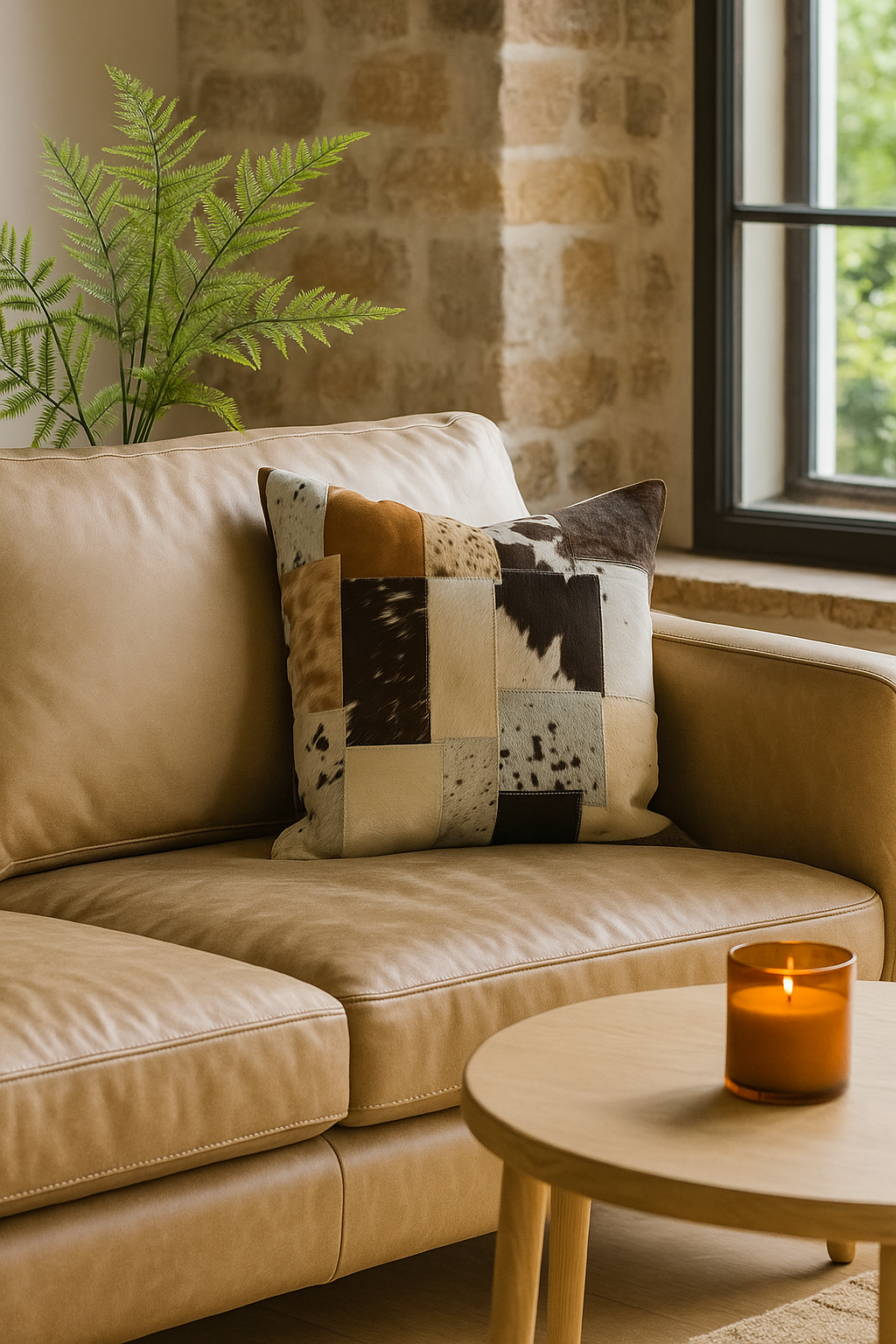 Patchwork Cowhide Leather Cushion Cover – Natural Hide, Handmade 45x45cm
