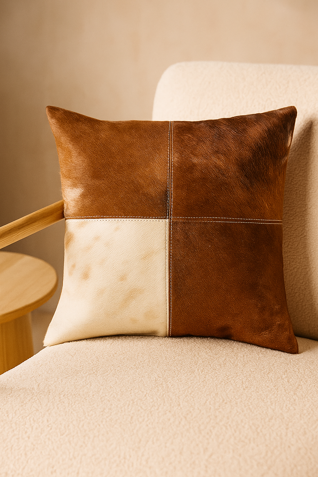 Cowhide Leather Cushion Cover – Natural Patchwork Hide Pillow (45x45cm)