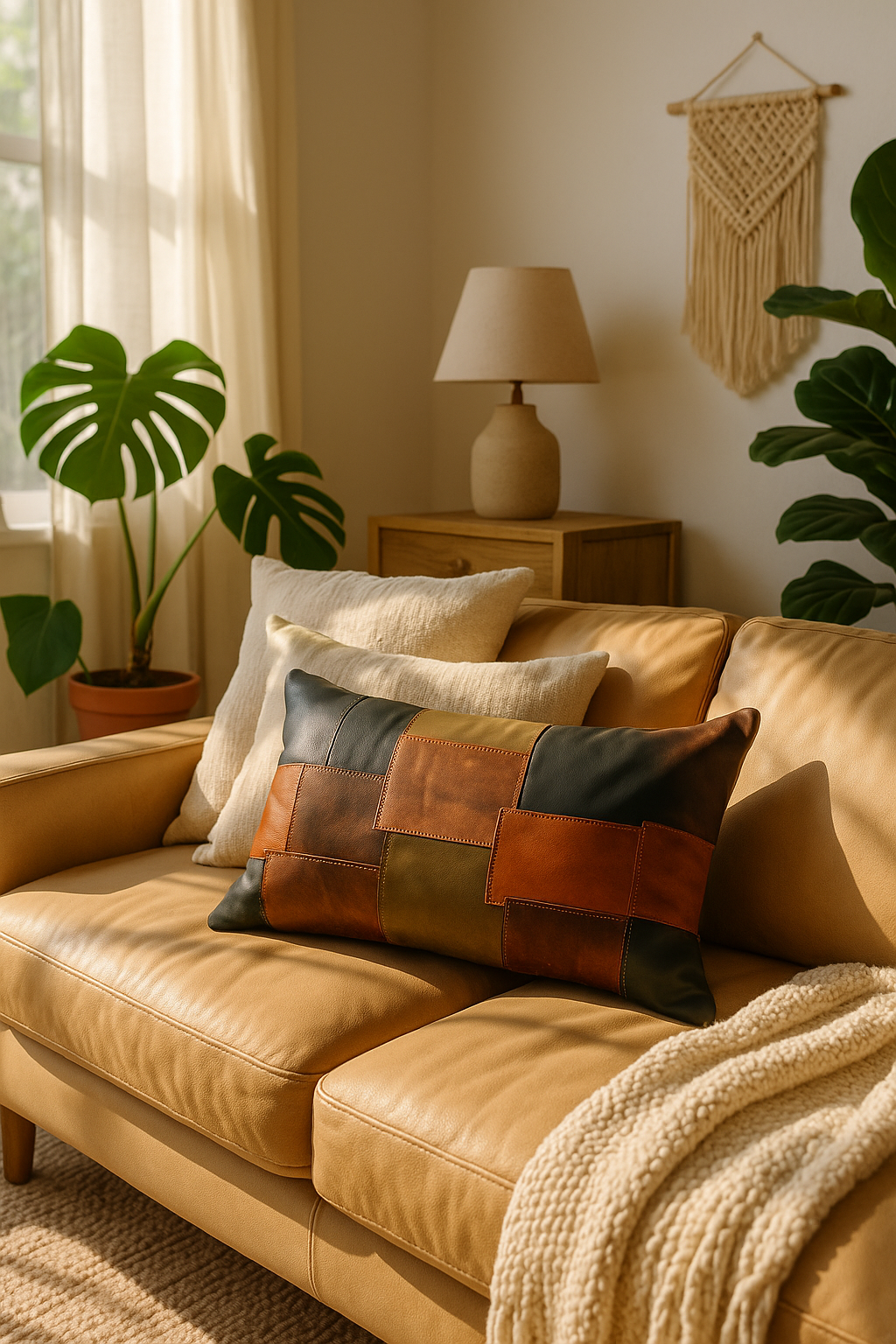 Handcrafted leather lumbar cushion in earthy tones on modern couch