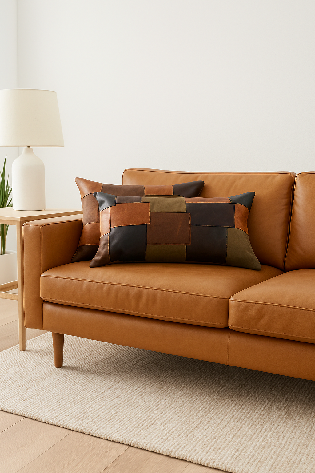 Earth-Toned Patchwork Leather Cushion Lumbar – Accent Pillow