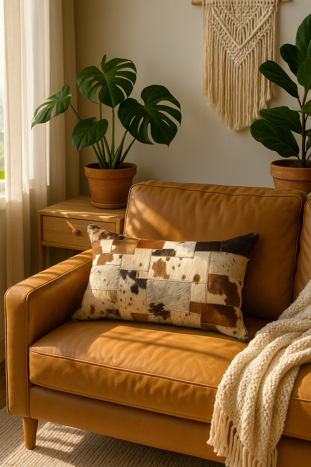 Brown leather sofa with a patchwork pillow and plants in a cozy living room.