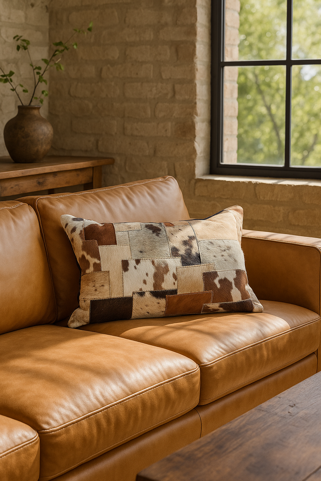 Decorative lumbar cushion with rustic cowhide texture