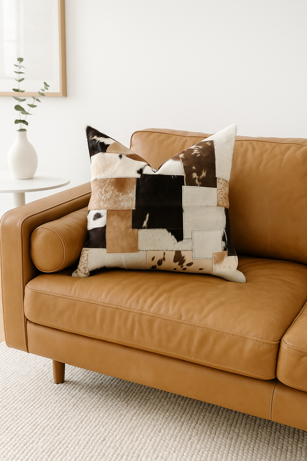 Natural cowhide patchwork throw pillow with earthy tones