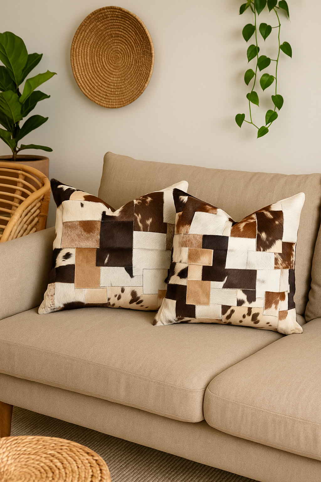 Scandinavian decor featuring cowhide cushion on leather couch