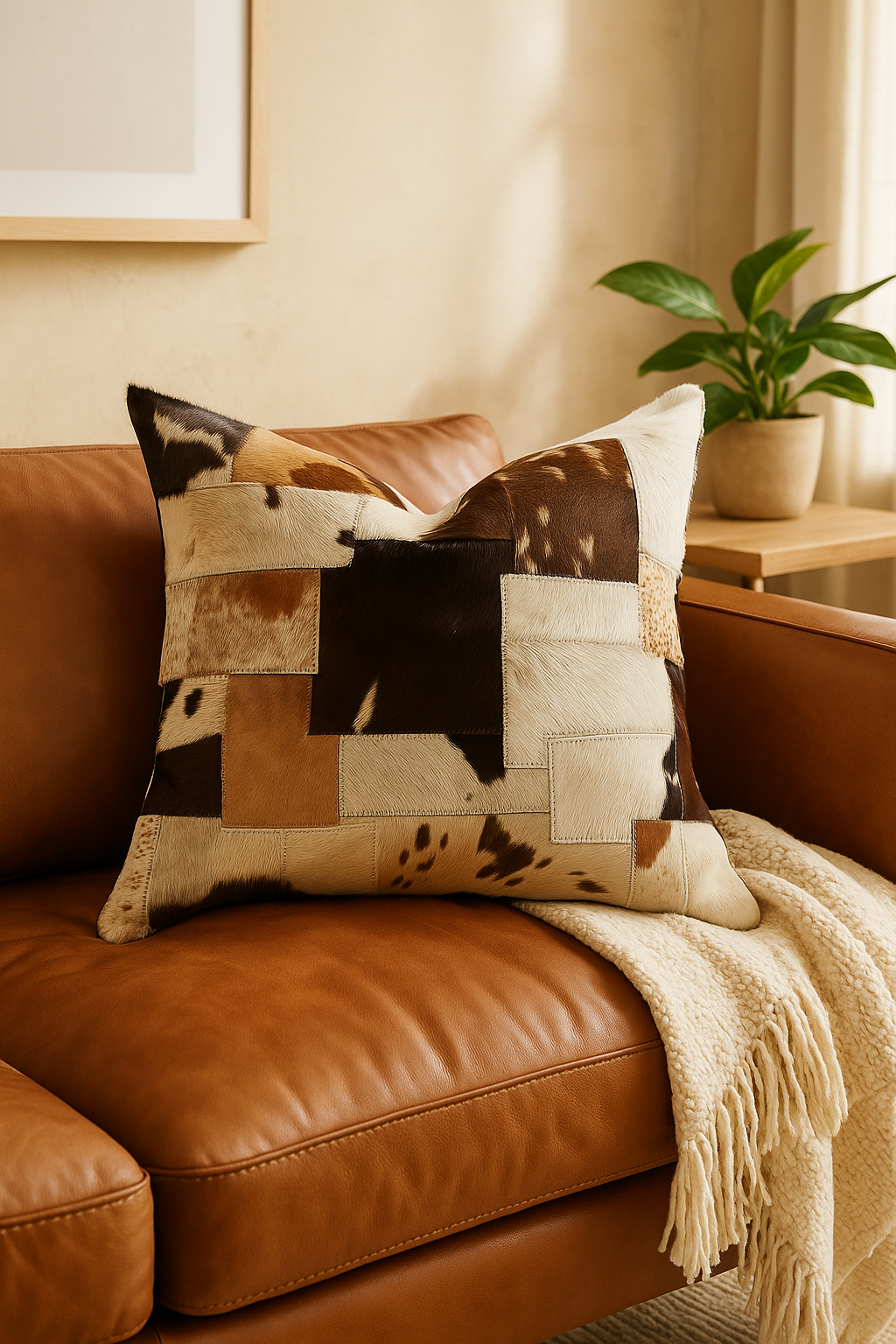Pair of genuine cowhide square cushions on beige sofa