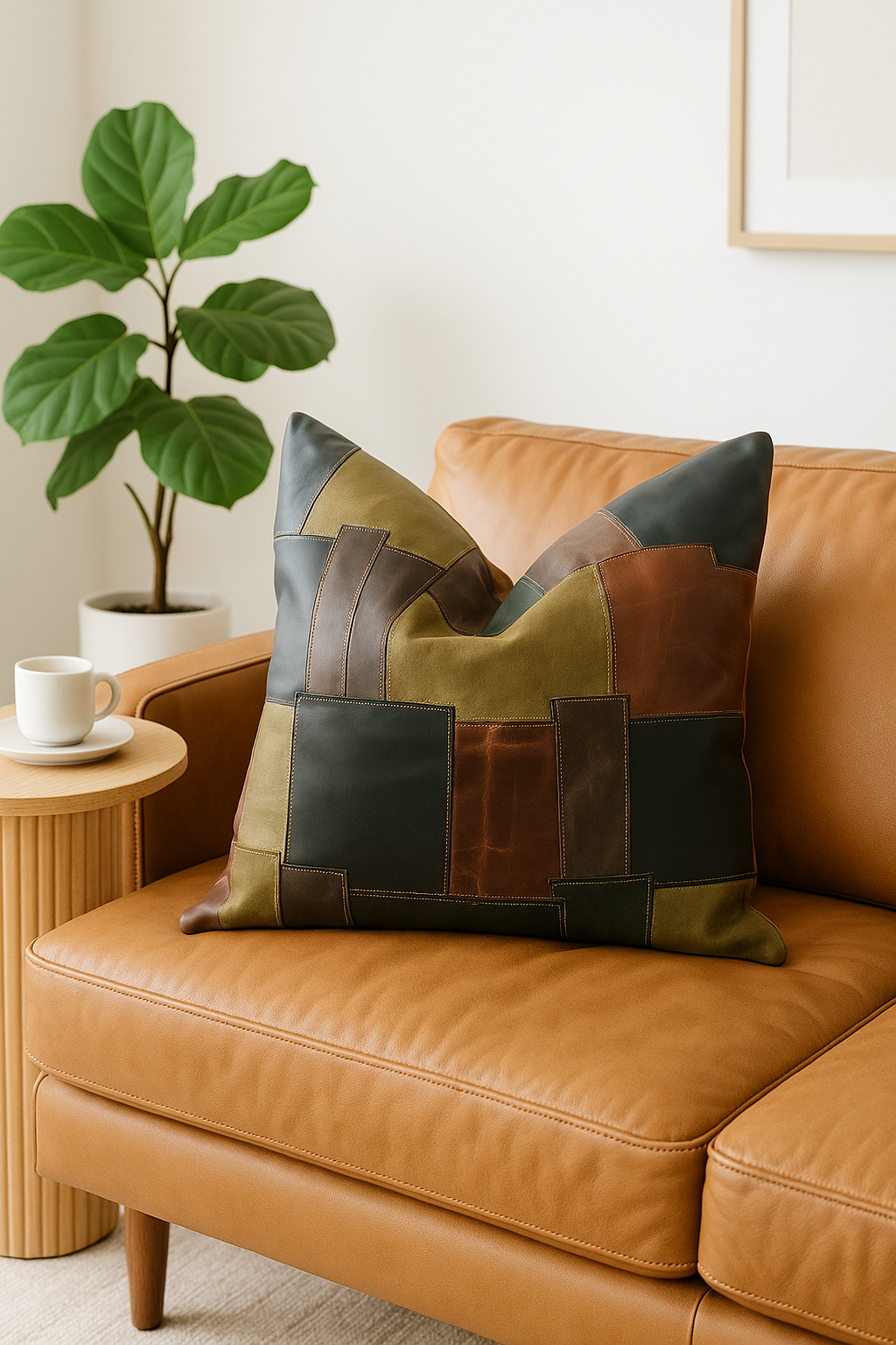 Brown leather sofa with a decorative pillow featuring green, brown, and black colors, next to a small table with a cup and saucer.