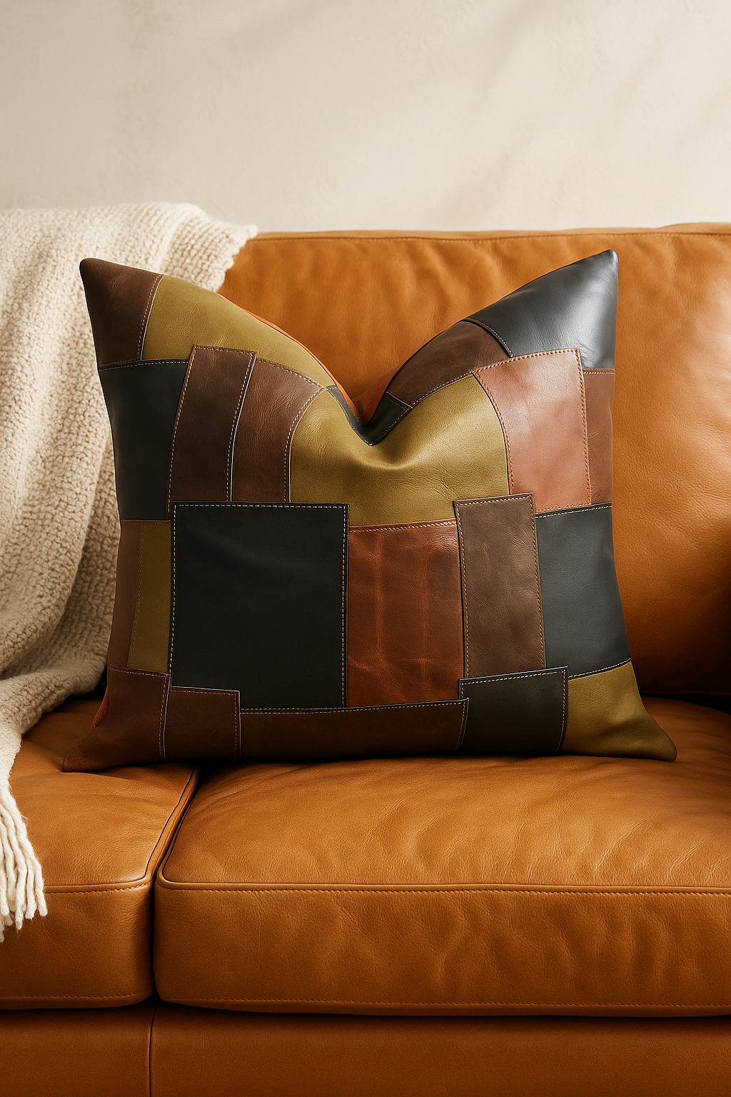 Green leather cushion cover with stitched panel detail on armchair