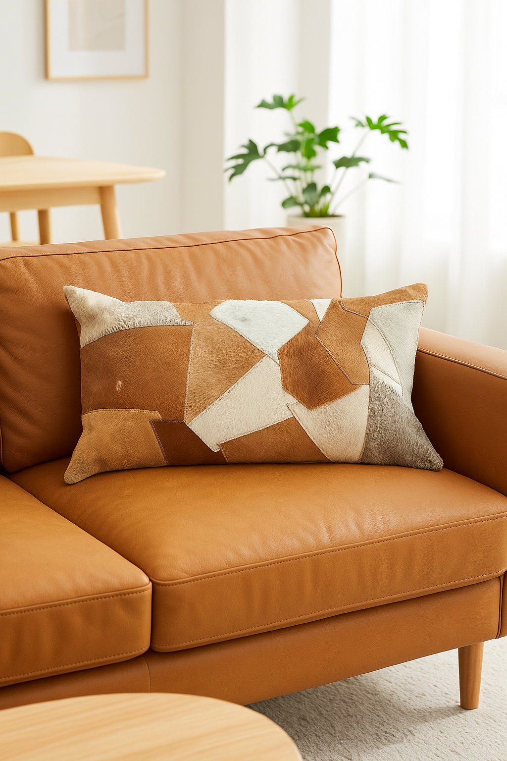 Handcrafted patchwork cowhide cushion displayed in cozy living space with textured décor
