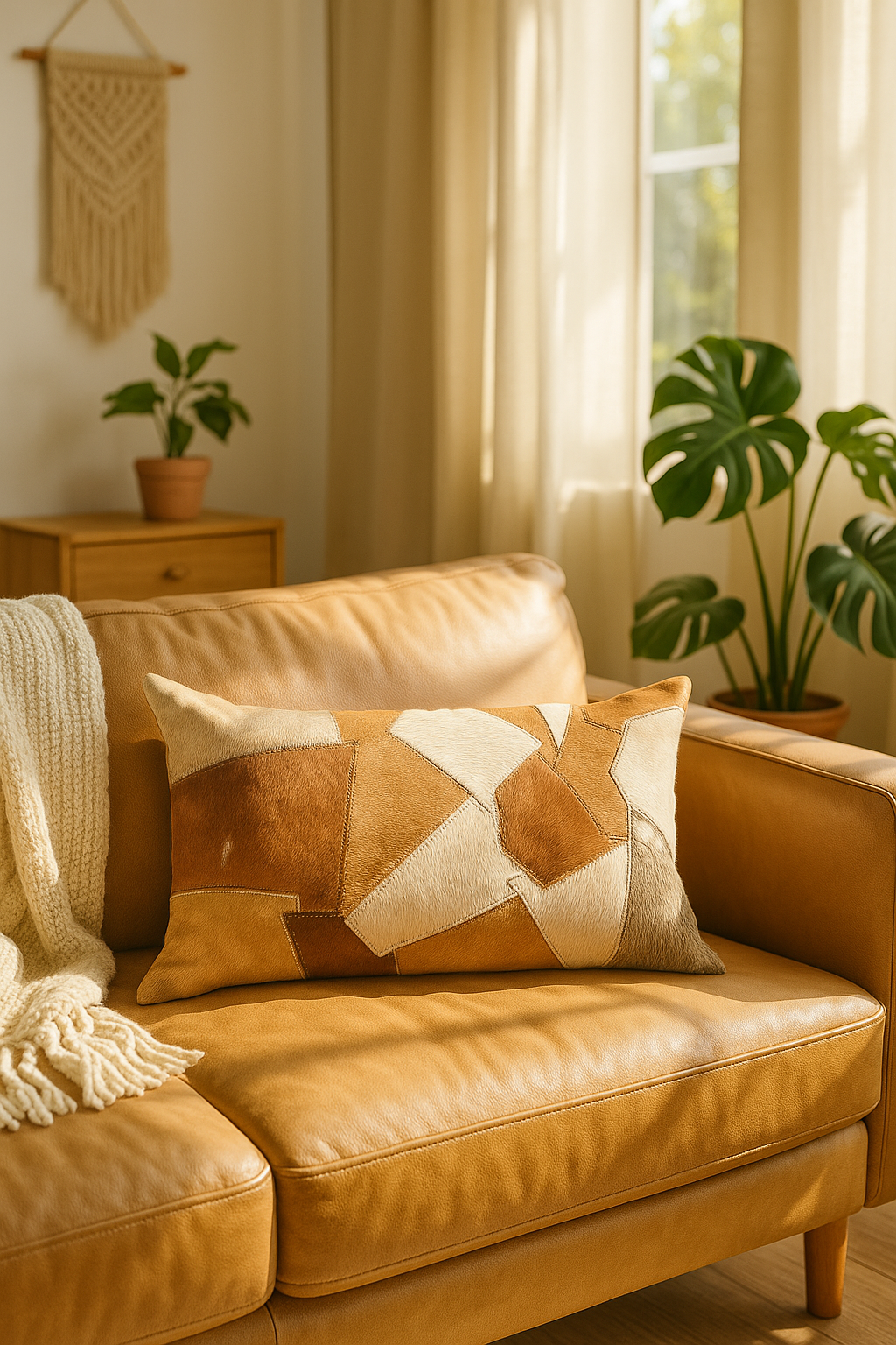 Brown leather sofa with a geometric pillow in a cozy living room setting.