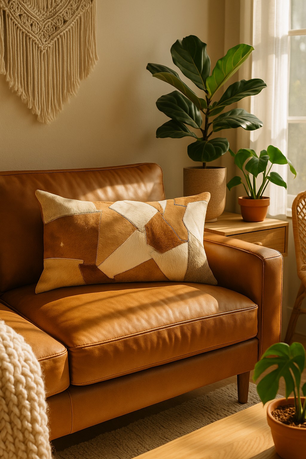 Brown leather sofa with a patterned pillow in a cozy living room setting.
