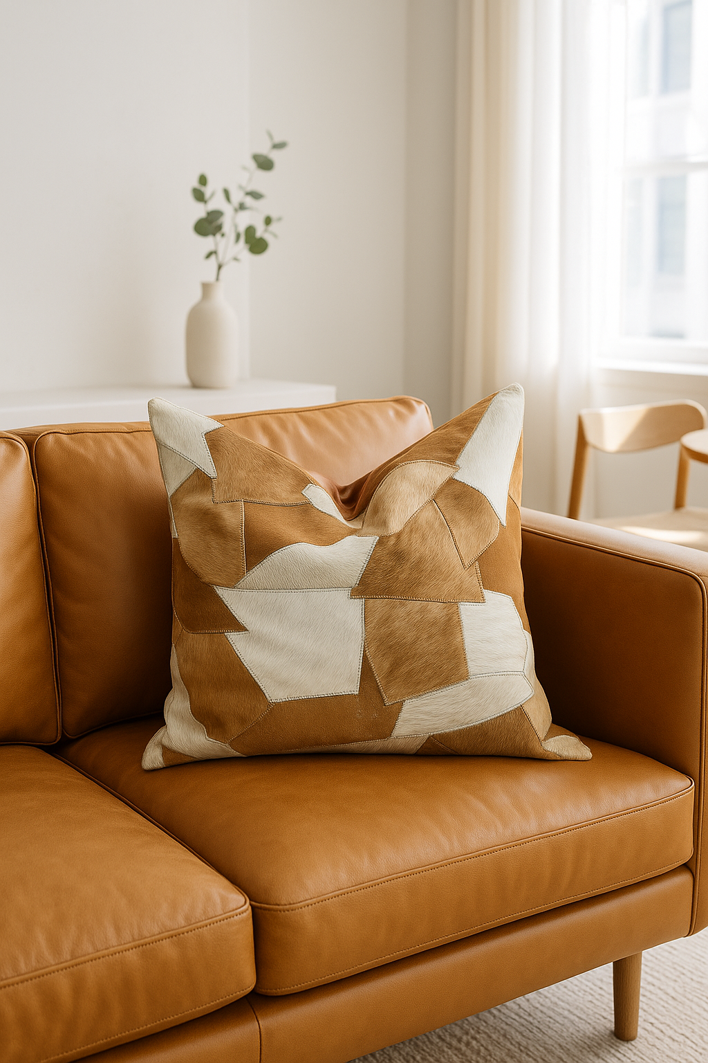 Luxury Sahara collection cowhide cushion cover featuring genuine leather texture and neutral earthy tones