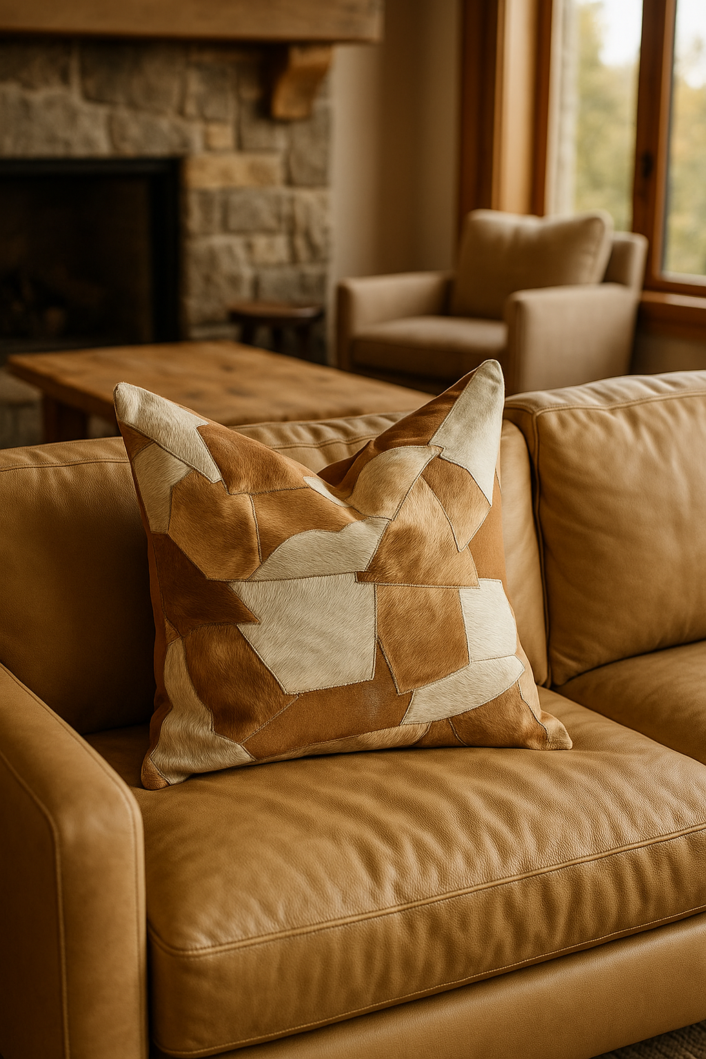 Handcrafted patchwork leather cowhide cushion styled with natural light and warm interior decor - Melbourne Leather Co