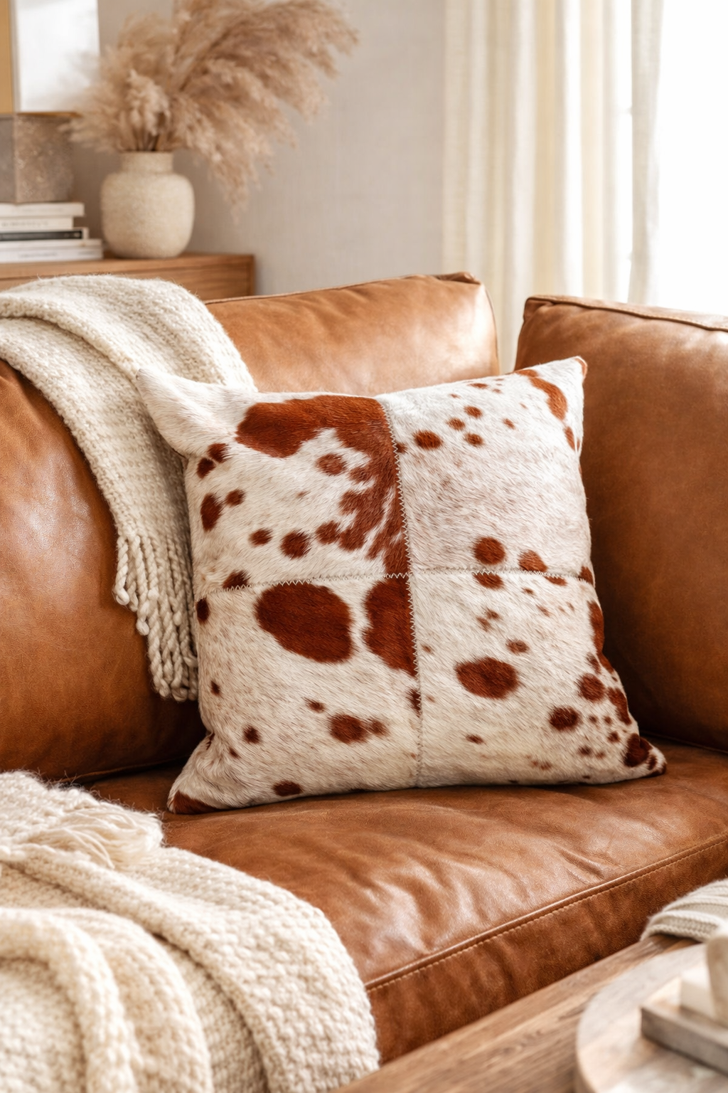 Brown leather sofa with a cow print pillow and beige blanket in a cozy living room.