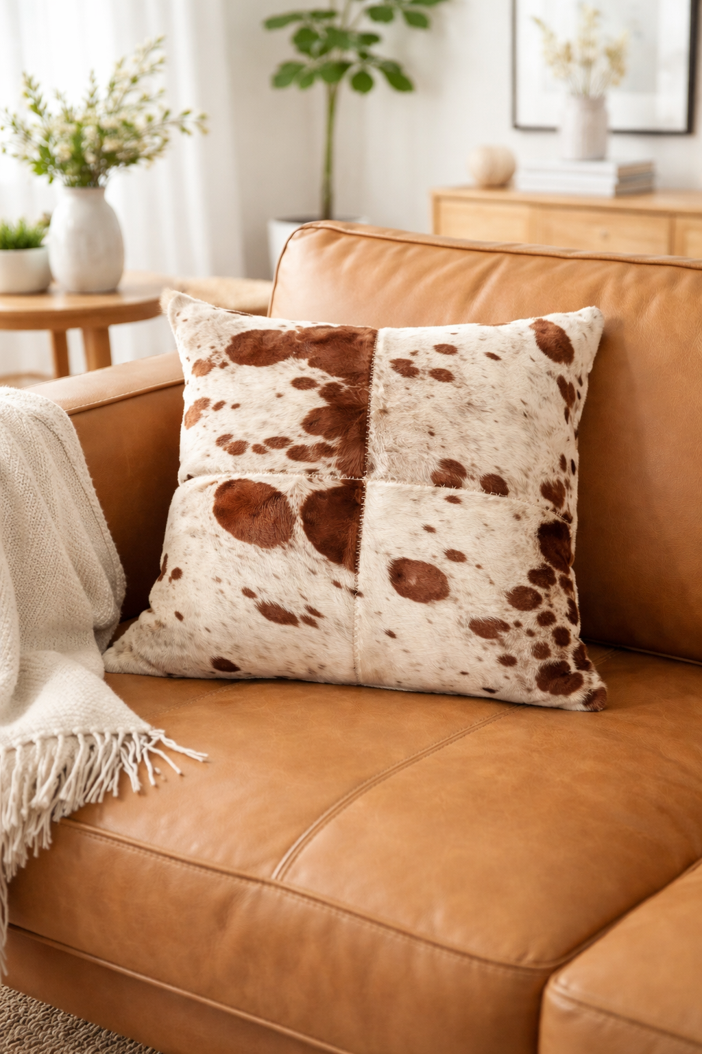 Brown leather sofa with a cow print pillow in a living room setting.