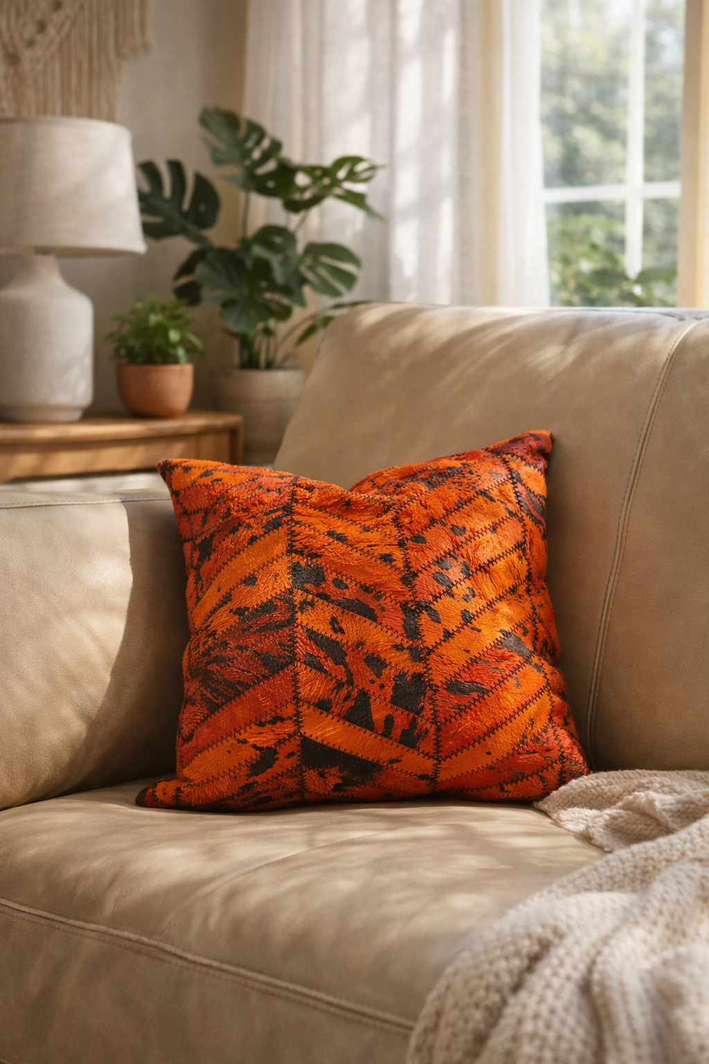 Orange patterned pillow on a beige couch with a lamp and plants in the background
