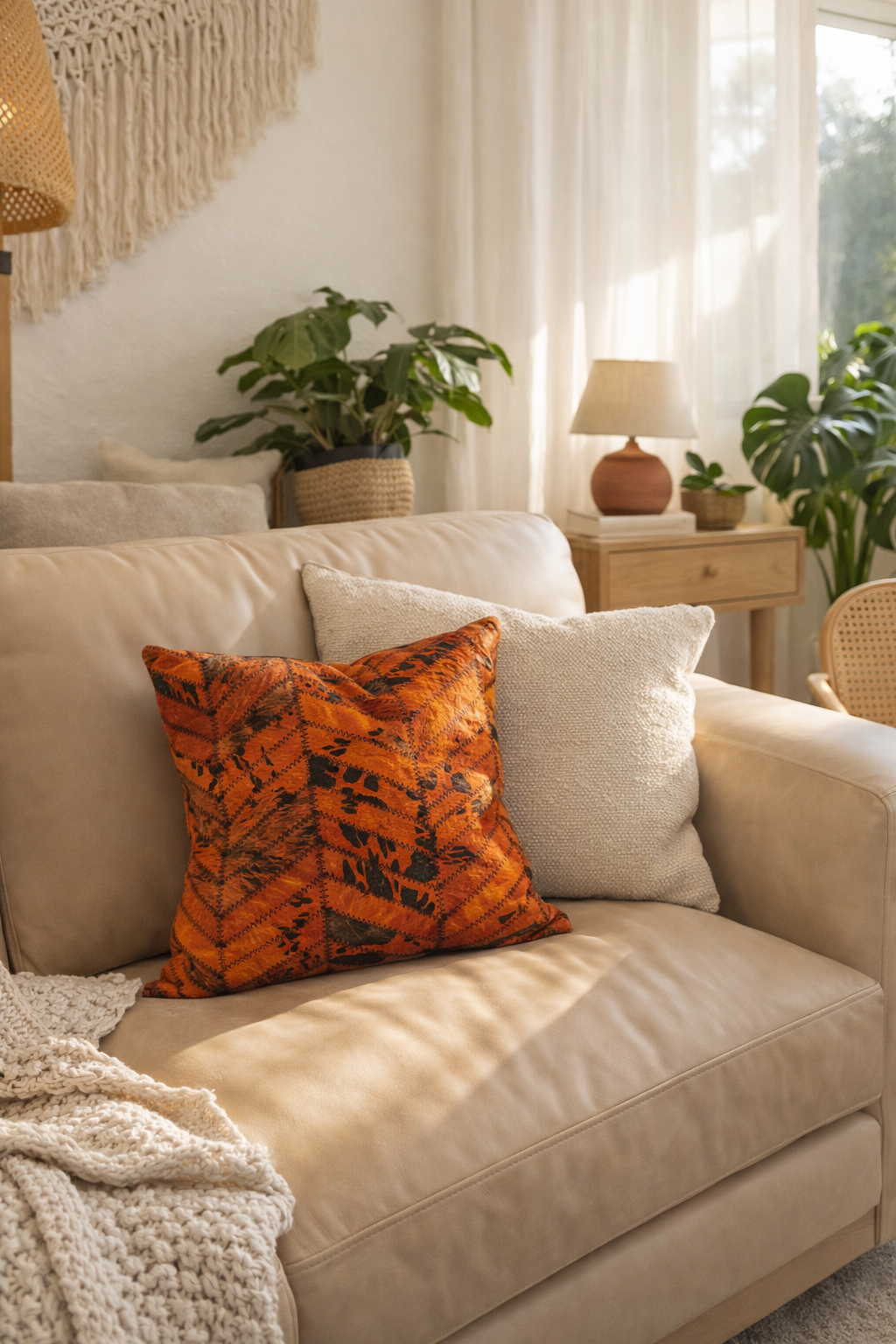 Beige sofa with orange and black patterned pillow in a living room setting.