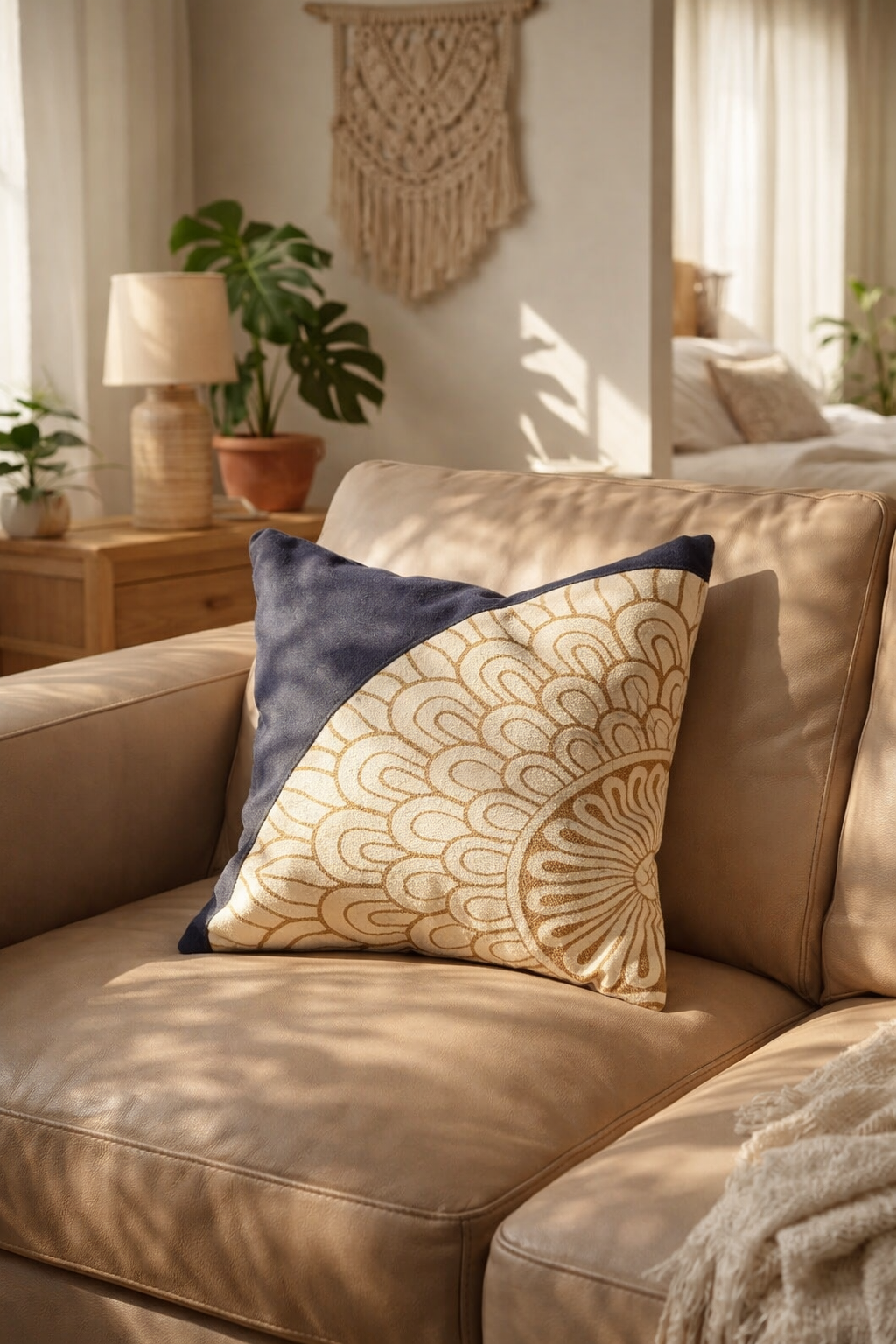 Beige sofa with decorative pillows in a cozy living room setting