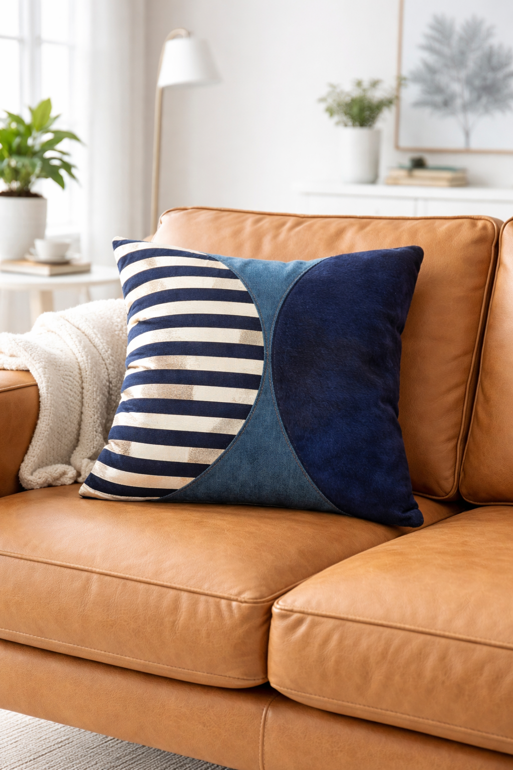 Brown leather sofa with decorative pillows in a living room setting
