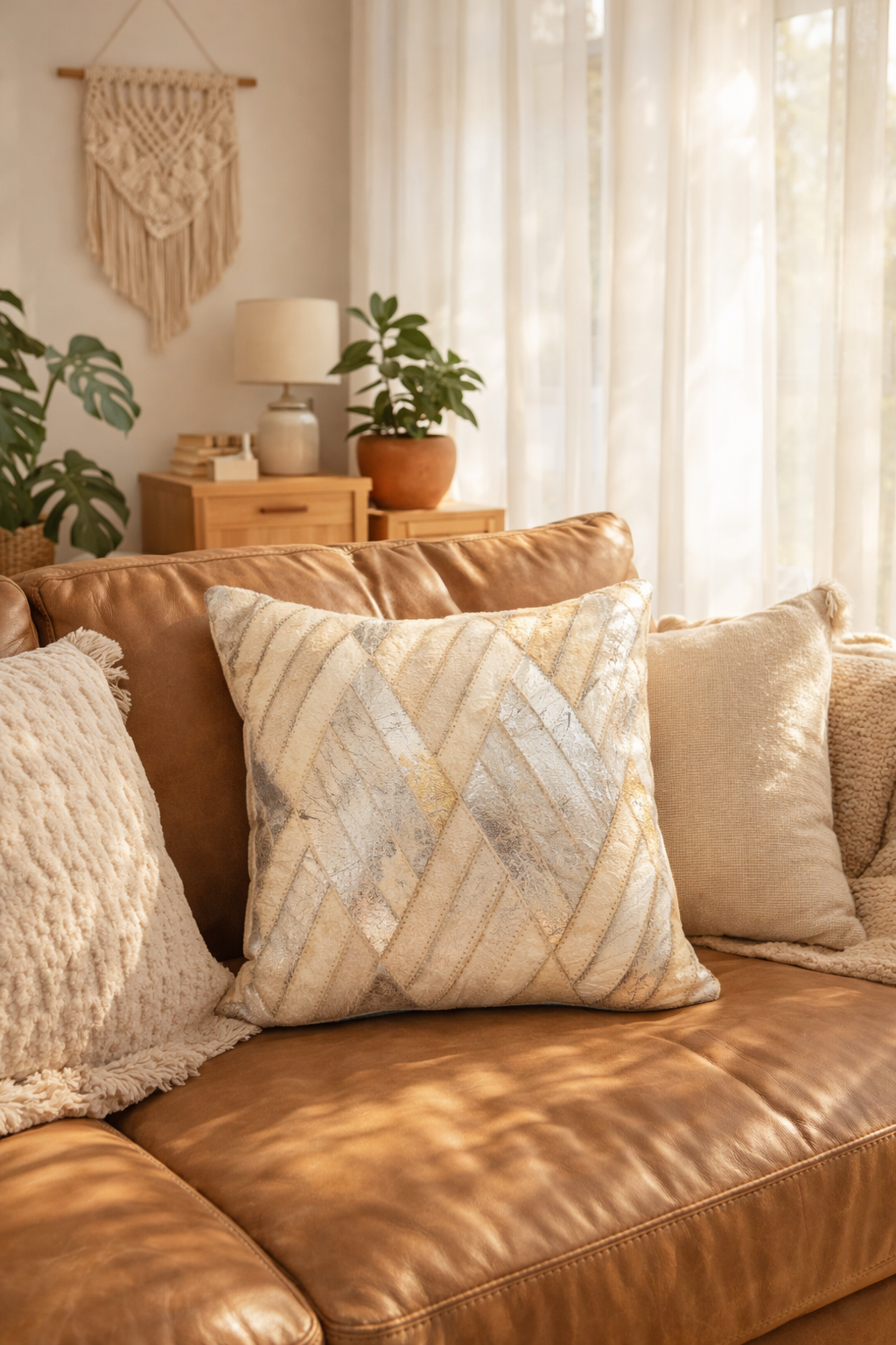 Brown leather sofa with decorative pillows in a cozy living room setting.